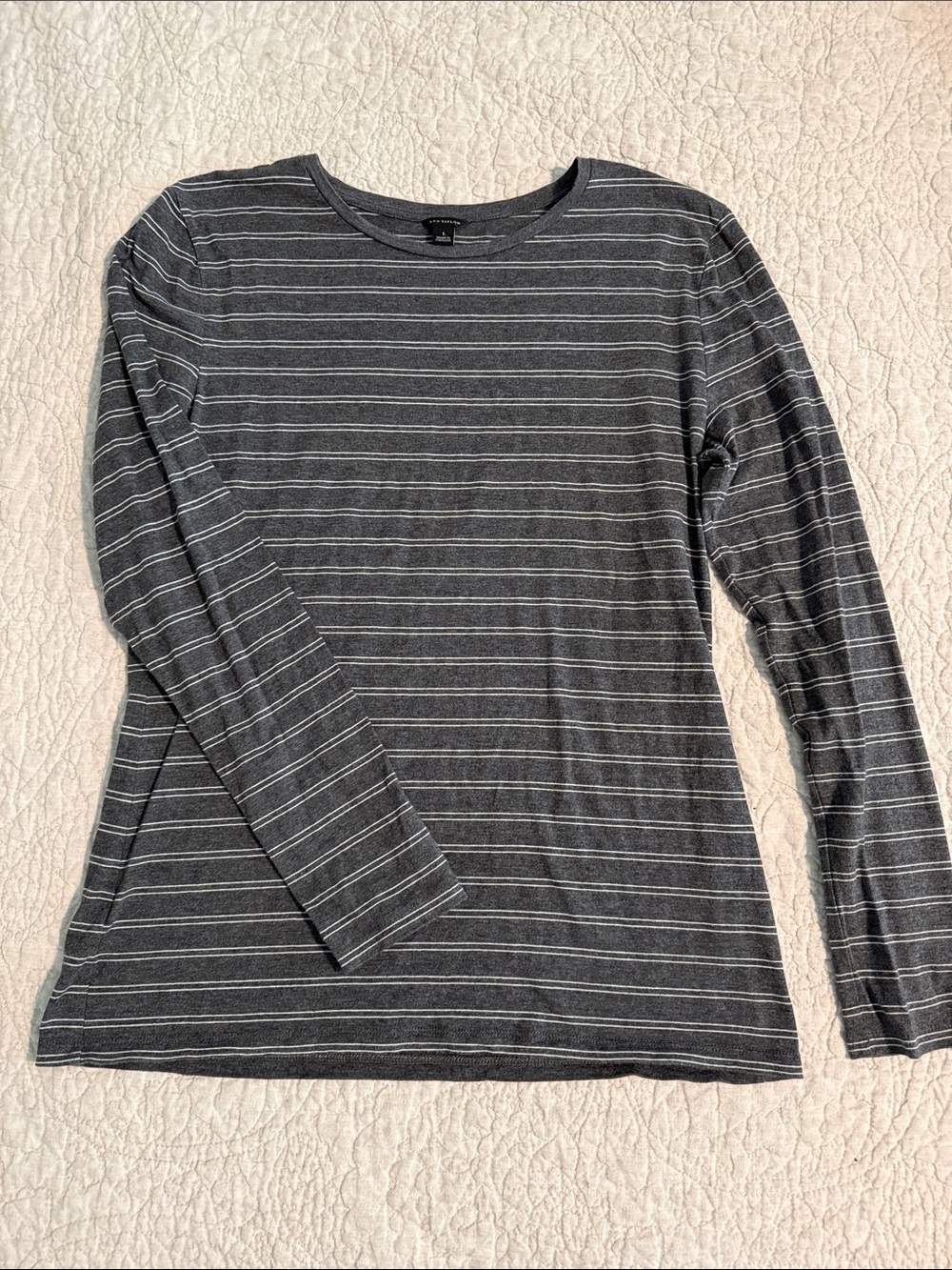 Ann Taylor Lightweight Charcoal Gray Long-Sleeve Striped Tee, Sz L
